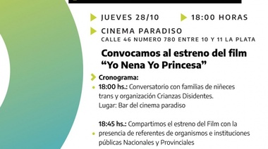 Delegación Inadi La Plata y Cinema La Plata trabajan en conjunto en el estreno de la película "Yo nena, Yo princesa"